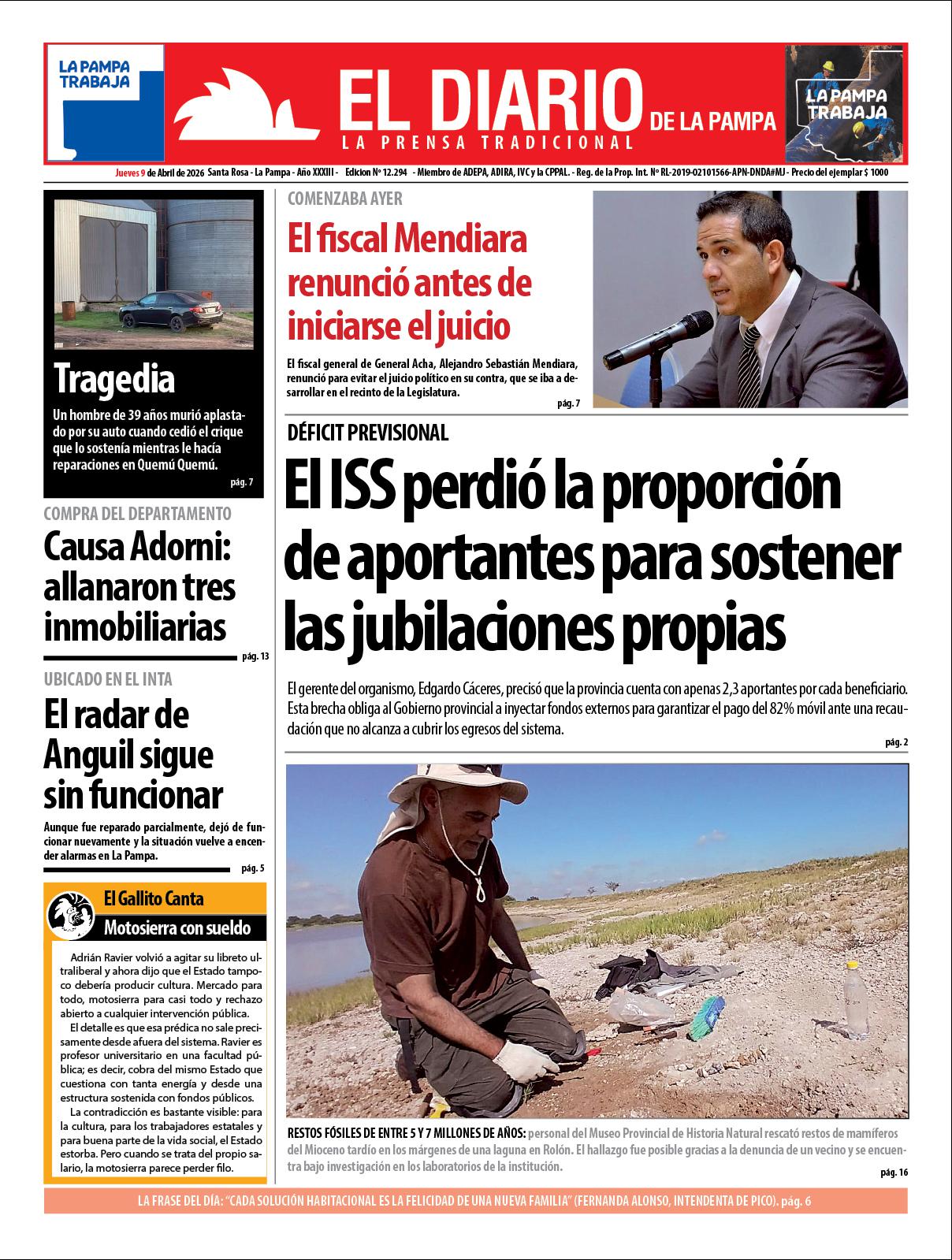 Tapa de El Diario en papel  jueves 09 de abril de 2026